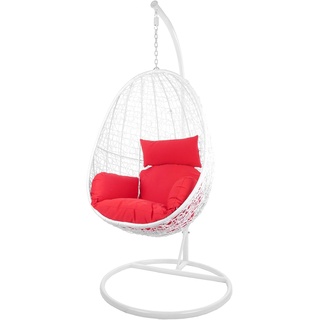 Kideo Swing Chair, Lounge-Möbel, Loungesessel Polyrattan, Hängestuhl, Hängesessel mit Gestell & Kissen (weiß/rot)