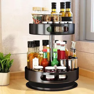 Accmuzzy Gewürzregal Drehbar,Drehteller Organizer, Drehbares Gewürzregal Kohlenstoffstahl Küchen Organizer,Höhenverstellbar Gewürzständerfür Gewürzgläser,Kosmetika,Reinigungsmittel (2 Etagen,30+25CM)