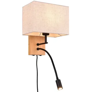 TRIO Leuchten LED Wandleuchte mit Leselampe & Schalter, Höhe 30cm, dimmbar, LED fest integriert, LED wechselbar, warmweiß, innen Wand-Lampe mit Kabel und Stecker, Holz Nachttischlampe Bett beige
