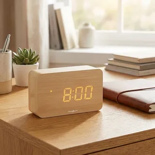 Edler Digital-Wecker Holz-Optik: Kompakter Tischwecker mit LED-Anzeige, Thermometer, USB & Batterie – ideal für Nachttisch, Büro & Reisen