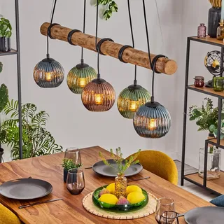 Koyoto Hängeleuchte, Kugelleuchte Blau, Grün, Kupferfarben, 5-flammig | Elegante Pendelleuchte mit 5 Riffelglas-Schirmen an einem Holzbalken – warmes, gemütliches Boho-Licht über dem Esstisch.