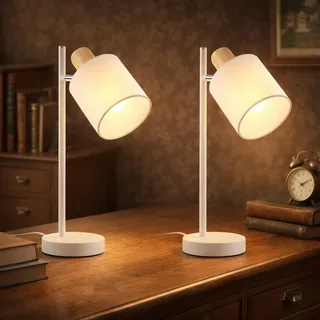 CBJKTX Tischlampe Holz Nachttischlampe Vintage - 2er Set E14 Tischleuchte Stoff Weiß Nachttischleuchte mit Kabel Drehbar Retro Rustikal Schreibtischlampe für Schlafzimmer Nachttisch(ohne Leuchtmittel)