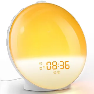 Bebusingoto Led-wecklicht Mit Radiowecker, Beleuchtete Nachttischlampe, 20 Helligkeitsstufen, Sonnenaufgangs- Und Sonnenuntergangssimulator, 2 Weckzeiten, 7 Naturgeräusche, Schlummerfunktion, 7-farbi