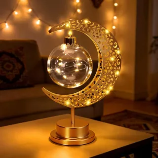 BomKra LED Mond Tischlampe Batteriebetrieben Metall Mondform Schreibtischlampe Nachttischlampe Weihnachtsdeko Ramadan Tischdeko für Heim Schlafzimmer Büro Geschenk Warmweiß (B)