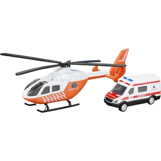 Toi-Toys 1 x Rettungs-Hubschrauber Helikopter mit Krankenwagen, Druckguss-Metall und Kunststoff