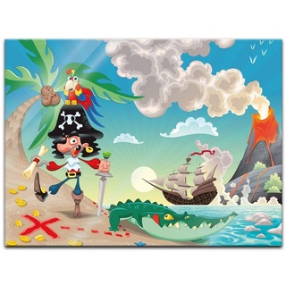 Bilderdepot24 Glasbild, Kinderbild Pirat auf Insel Cartoon bunt 40 cm x 60 cm