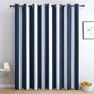 SZLYZM Vorhänge Blau Weiß Gestreift, Verdunkelungsvorhang 2er Set - Vorhang Blickdicht Nautisch Maritim Muster, Thermovorhang für Deko Wohnzimmer Schlafzimmer, Gardinen mit Ösen 220x140 cm (HxB)