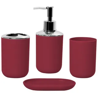 Badezimmer Zubehör Set, Badezimmer Set 4 Teilig, Kunststoff Badezimmer Dekor Sets, mit Zahnbürstenhalter, Zahnputzbecher, Seifenspender, Seifenschale für Bad und Hotel,Rot