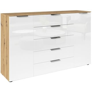 Rauch Sideboard B 160 cm FLIPP, 160 x 100 cm - 2 Türen - 5 Schubladen - Artisan Eiche Dekor - Weiß - Glas