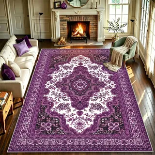 WUTONG Vintage Teppich Wohnzimmer160x230 cm Waschbar,Kurzflor Teppich Lila,rutschfest,Orientalisches Medaillon Muster aus Kaschmir-Imitat für Schlafzimmer