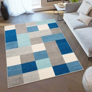 TAPISO Lazur Teppich Kurzflor Figuren Vierecke Grau Türkis 120 x 170 cm | 100% Polypropylen, 9 mm Florhöhe, gewebt