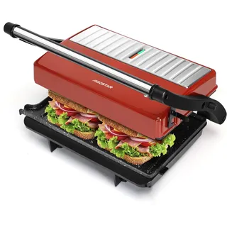 Aigostar Kontaktgrill 1000W, Klein & Kompakt, 180° Aufklappbar, Antihaftbeschichtung, BPA-frei, Panini Grill und Sandwichmaker für Steaks, Fleisch & Gemüse, Rot