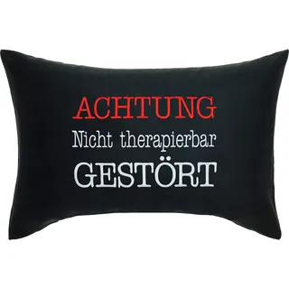 Lustiges Kissen mit Füllung & Spruch | Achtung - Nicht therapierbar - Gestört Warnhinweis Schild Dekokissen Zierkissen Bestickt | Beste Freunde Geschenk | 40x60cm | schwarz