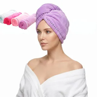 Mikrofaser Handtuch Haare 4 Stück, Super Saugfähiger Haarturban Turban Handtuch Mit Knopf, Kopftuch Handtuch für Lange Haar, Schnelltrocknend Mikrofaser Haarhandtuch (Blau, Rosa, Lila, Rot)