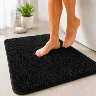 Floordirekt Badematte Sky - Badezimmerteppich - Weicher, dichter Hochflor - Rutschhemmend & Schnell trocknend - Geeignet für Fußbodenheizung - Eckig & Rund (60 x 100 cm, Schwarz)