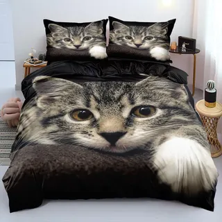 Luowei Bettwäsche 135x200cm 4 Teilig 3D Bettwäsche Set 3D Katze Muster Weich Schwarz Mikrofaser 2 Bettbezüge mit Reißverschluss und 2 Kissenbezüge 80x80cm