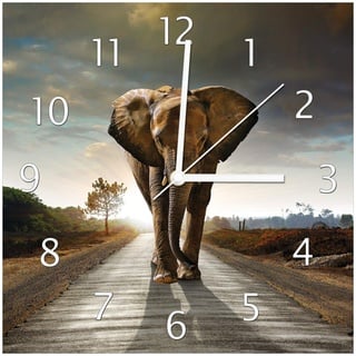Wallario Design-Wanduhr Elefant bei Sonnenaufgang in Afrika aus Glas, Motiv-Uhr Größe 30 x 30 cm, weiße Zeiger