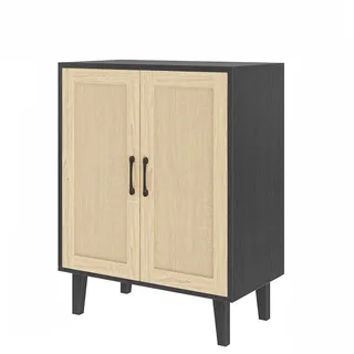 Panana Aufbewahrungsschrank, Rattan Sideboard Schrank mit 2 Rattan-Türen, Küche Akzentschrank mit Massivholzfüßen, Buffetschrank für Esszimmer, Flur, Eingang, Wohnzimmer (Schwarz)