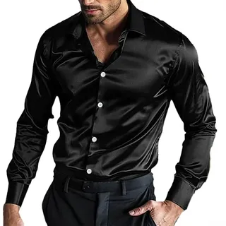 Herren-Seidenhemd aus Satin-Seide, langärmelig, Freizeithemden für Hochzeit, Party, Clubwear (L schwarz)