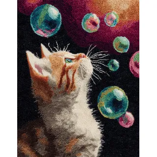 WallustrioaW Tier 3D Knüpfset Knüpfteppich zum Selber,Katze und bunte Blasen,Knüpfen Teppich für Kinder,Erwachsene oder Anfänger,Kreatives Geschenk,Latch Hook Kit,52x38cm