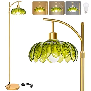 Davalampa Stehlampe Wohnzimmer Vintage Gold Dimmbar mit Fernbedienung, Groß | Moderne LED Leselampe Messing Bogen für Schlafzimmer, Büro, Retro Design mit Braun Schirm, Boho & Mid Century Modern, 175cm