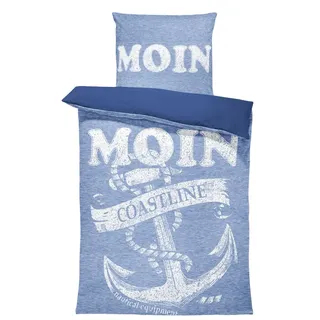 One Home Bettwäsche Fotodruck, Mikrofaser, 2 teilig, Maritim Anker Nautic meliert, Knitterfrei Weich für Sommer und Winter blau