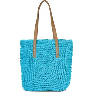 styleBREAKER Papierstroh Schultertasche mit langen Henkeln | Damen Basttasche Korbtasche geflochten mit Reißverschluss | Boho Shopper Sommertasche... - Türkis