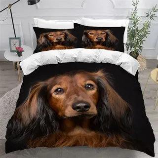 AOYNP Bettwäsche 155x200 Langhaariger Dackel Bettbezug Set Weich Microfaser Bettwaren Haustier Welpe Bettwäsche-Set für Jungen Mädchen Bettbezug Mit ReißVerschluss und 2 Kissenbezug 80x80cm