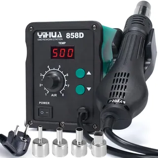 YIHUA 858D Heißluft Lötstation Entlötstation 700W für SMD Löten und Entlöten mit einstellbarer Temperatur und Luftvolumen, PID Temperaturkontrolle, Auto Start/Stop Funktion, Heißluftdüsen (EU PLUG)