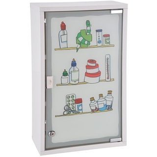 HI Medizinschrank Metall mit Glastür und Schloss (Bedruckt) in Weiß - Arzneimittel Schrank zur Medikamenten Aufbewahrung, abschließbares Schränkchen, Hängeschrank mit Glastür