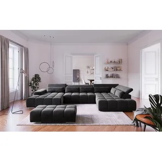 Cotta Wohnlandschaft COTTA "Orion U-Form, B: 409 cm", charcoal, B:409cm H:73cm T:225cm, 100% Polyester, Sofas, Wohnlandschaft, mit Kopfteilverstellung & 6 Nierenkissen