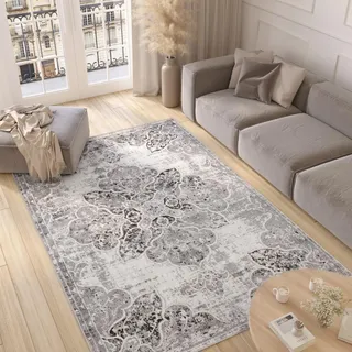 TAPISO Valley Teppich Kurzflor Vintage Creme Schwarz Blumen 240 x 300 cm | Rahmen Oriental Used Effekt Verwischt Wohnzimmer Schlafzimmer OEKO-TEX
