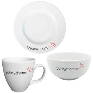 Teller Müslischale Tasse Frühstücksservice mit Name bedruckt - Serie Herz - Geschirr mit Wunschnamen selbst gestalten - individuell personalisiert - hochwertiges Porzellan (Frühstücksservice 3-tlg.)