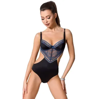 Passion Dessous Stringbody Schwarz blauer Damen Dessous Reizwäsche Body blickdicht dehnbar mit Bü blau|schwarz XXL/XXXL