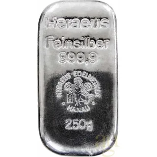 250 Gramm Silberbarren Heraeus gegossen