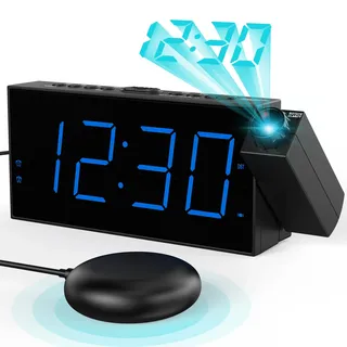 Mesqool Projektionswecker für Schlafzimmer, Lauter Vibrationswecker für Schwerschläfer, Hörgeschädigte & Gehörlose, Wecker Digital mit Großer LED-Anzeige, Batterie Backup, Schlummer, 12/24H