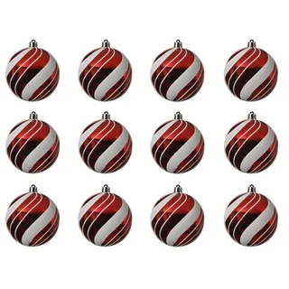 Kaemingk Weihnachtsbaumkugel, Weihnachtskugeln Kunststoff Streifen Muster 8cm rot / weiß, 12er Set rot