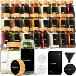 KIVY Gewürzgläser mit Streueinsatz - 24x 120ml + 240 Etiketten - Luftdicht | Wasserfeste Label - Luftdichte Gewürzgläser eckig - Gewürzstreuer Glas - Spice Jars Set - Gewürzgläser Schwarz Bambus