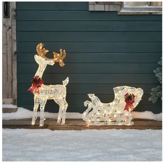 Lights4fun LED-Dekofigur Harewood LED Rentier mit Schlitten, Weihnachtsbeleuchtung, Höhe Rentier: 70cm