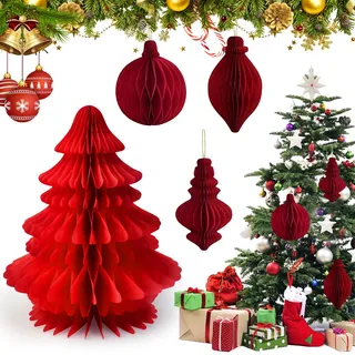 NAROSEBE 4 Stück Honeycomb Weihnachtsdekoration Papier Weihnachtsbaum Papier Weihnachtskugel Papier Waben Tannenbaum Weihnachtsbaum Honeycomb Ornamente Papier Wabenbälle für Weihnachten Deko, Rot
