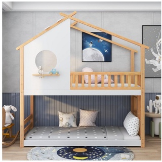 Flieks Etagenbett, zweistockes Hausbett Kinderbett mit rechtwinkliger Leiter und Fallschutz, Massives Kieferholzbett mit Lattenrost, 200x90cm ohne Matratze beige