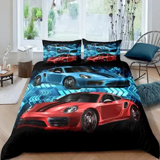 GIENDI Bettwäsche 155x220 Sportwagen Bettbezug Set 3Teilig, Rot-Blauer Sportrennwagen Bettwäsche-Sets 155x220cm Mikrofaser mit 2 Kissenbezüge 80x80cm, Weiche Atmungsaktive Allergiker Bettdeckenbezug