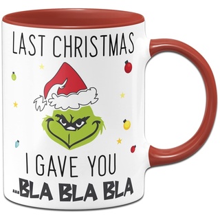 Tassenbrennerei Grinch Tasse mit Spruch: Last Christmas Bla Bla Bla - Weihnachtstasse lustig - Kaffeetasse als Grinch Deko (Rot)