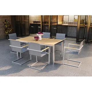 OUTFLEXX Garten-Essgruppe, taupe, Edelstahl/Teak, Tisch 180x90cm, 6 Freischwinger gepolstert