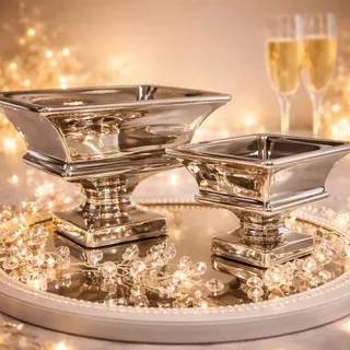 25 cm Dekoschale mit Fuß Keramikschale Hochzeitsdeko Pflanzgefäße Tischdeko Silber Blumenschale Silberschale Blumengefäß Schale Obst Bonbonschale Tafelaufsatz Nostalgie Große Obstschale Gebäckschale