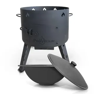 Utschak Feuerofen mit Gusseisen Topf flacher Boden mit Deckel (22 L) KazanoFF, Uchag Feuerofen Gusseisen Kazan Kasan Usbekisch, казан Camping, Gulaschkanone Dutch Oven (Set 22F-6)