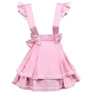 Antaina Rosa Hosenträger Baumwolle Layered Bowknot Plissee Lolita Rock Kurzes Kleid Knielang Elegant Faltenrock,XL - XL