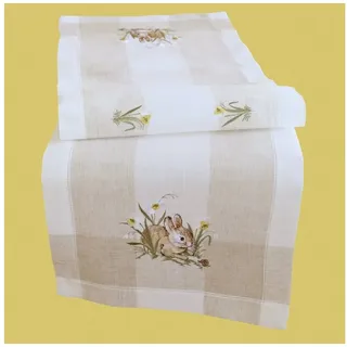 texpot Tischdecke Tischläufer Stickerei Hase ecru Leinenoptik Ostern, bestickt braun rechteckig | 40 cm x 90 cm