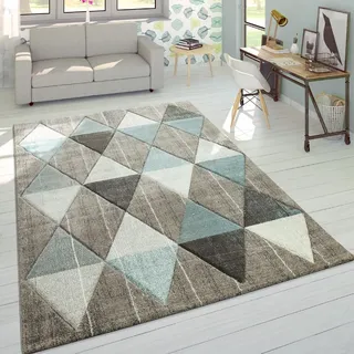 Paco Home Designer Teppich Modern Konturenschnitt Pastellfarben Rauten Design Beige Blau 120x170 cm - Beige