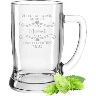 Gravur-Max Leonardo Bierkrug 0,5L mit Gravur & Name – personalisiertes Bierglas „Zur Perfektion gereift“ – Bierkrug personalisiert – spülmaschinenfest –Geschenk für Männer